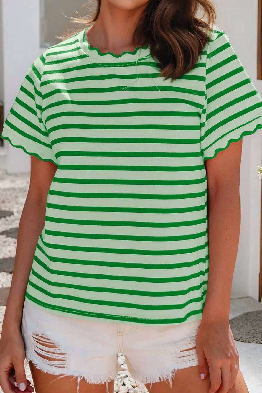 NEW LITTLE DAISY CLOSET spring scalloped trim round neck top in green stripe